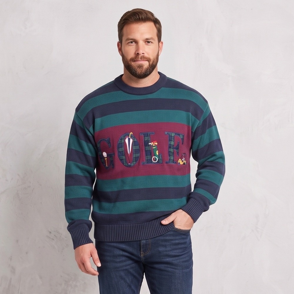 Architect Mens Large Multicolor Sweater Golf Embroidered Striped Cotton Knit